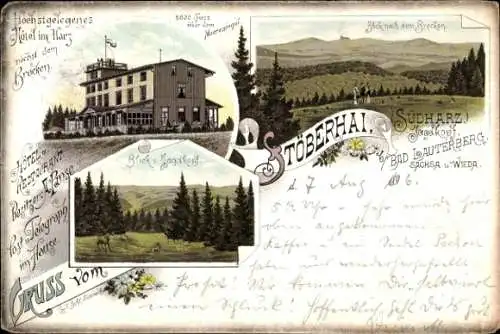 Litho Wieda Walkenried im Harz, Stöberhai, Blick zum Brocken, Hotel und Restaurant