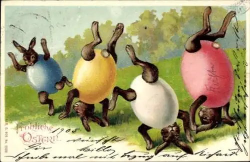 Präge Litho Glückwunsch Ostern, Verspielte Osterhasen