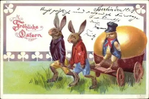 Litho Glückwunsch Ostern, Vermenschlichte Osterhasen und Küken, Osterei