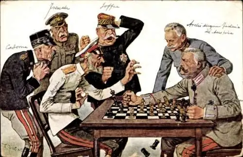 Künstler Ak Zasche, Schach, Hindenburg, Hötzendorf, Joffre, French, Cordona, Großfürst Romanow