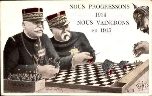 Ak Nous Progressons 1914, Nous Vaincrons, Joffre, Guillaume II., Échecs, Schach, Kriegsgefangene