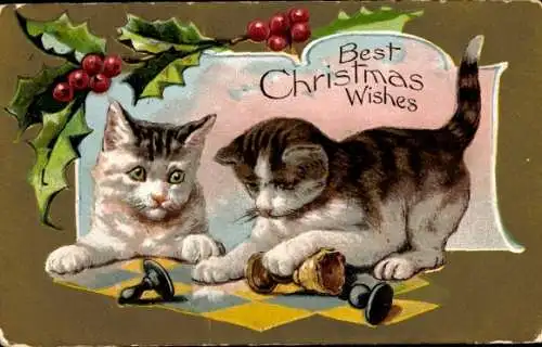 Präge Ak Glückwunsch Weihnachten, Stechpalmenzweig, Katzen, Schachbrett, Schachfiguren