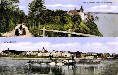 Ak Grudziądz Graudenz Westpreußen, Blick vom Schlossberg aus, Weichseldampfer