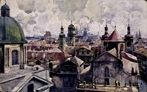 Künstler Ak Praha Prag, vue pris du Tour du Pont, vue de la ville