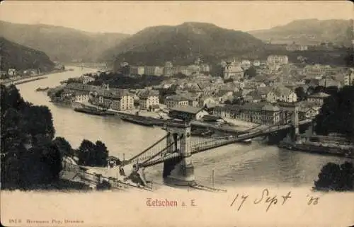 Ak Děčín Tetschen an der Elbe Region Aussig, Gesamtansicht, Brücke