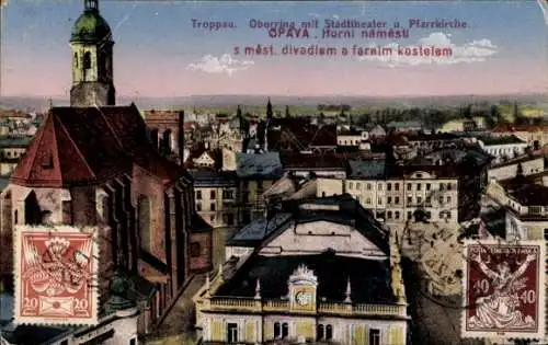 Ak Opava Troppau Region Mährisch Schlesien, Oberring, Stadttheater, Pfarrkirche