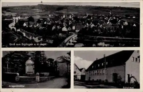 Ak Siglingen Neudenau an der Jagst, Panorama, Kriegerdenkmal, Schulhaus