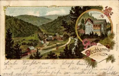 Litho Blechhammer Sitzendorf in Thüringen, Panorama, Bahnhof, Hotel Blechhammer