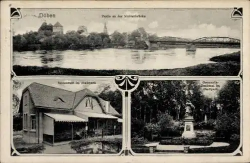 Ak Bad Düben an der Mulde, Restaurant im Stadtpark, Germania Denkmal, Muldenbrücke