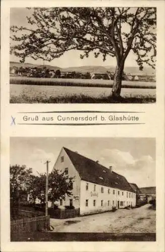 Ak Cunnersdorf Glashütte im Osterzgebirge, Gesamtansicht, Gasthof Uhlmann