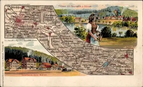 Landkarten Litho Titisee Neustadt im Breisgau Hochschwarzwald, Gasthaus zum Bären, Frau in Tracht