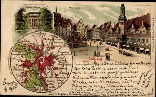 Stadtplan Litho Leipzig in Sachsen, Marktplatz, Neues Theater