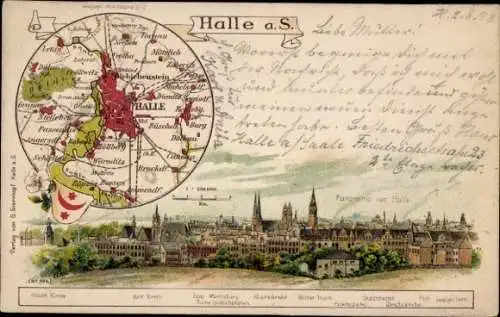 Stadtplan Litho Halle an der Saale, Panorama, Marktkirche, Dom, Moritzburg