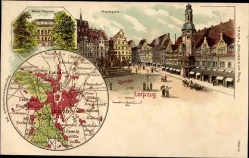 Stadtplan Litho Leipzig in Sachsen, Marktplatz, Neues Theater