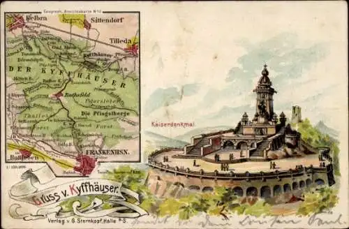 Landkarten Litho Steinthaleben Kyffhäuserland in Thüringen, Kyffhäuser, Kaiser Wilhelm Denkmal