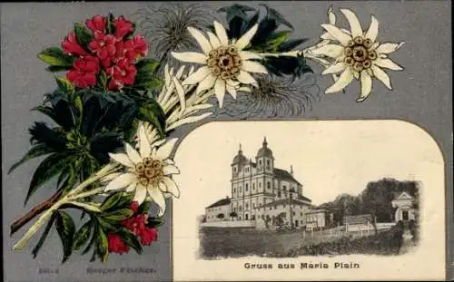 Präge Passepartout Ak Maria Plain Bergheim in Salzburg, Wallfahrtskirche, Enzian, Edelweiß
