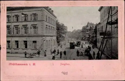 Passepartout Ak Mulhouse Mülhausen Elsass Haut Rhin, Jungtor, Straßenbahnen