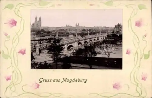 Präge Passepartout Ak Magdeburg an der Elbe, Panorama, Brücke, Dom