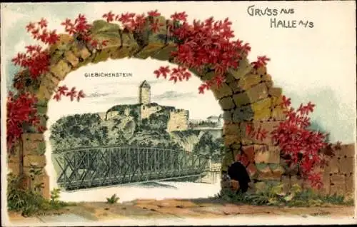 Präge Passepartout Litho Giebichenstein Halle an der Saale, Burg, Brücke