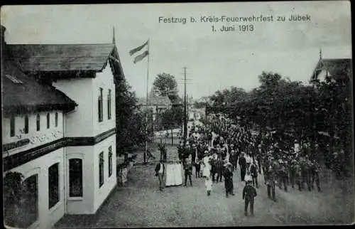 Ak Jübek in Schleswig Holstein, Kreis-Feuerwehrfest 1. Juni 1913, Festzug