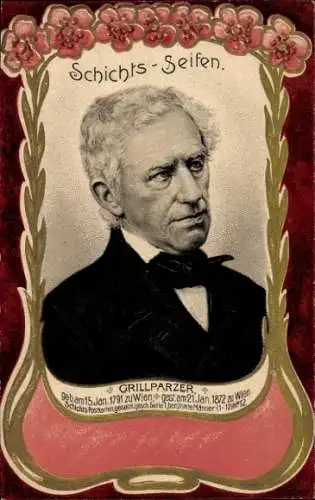 Jugendstil Passepartout Litho Grillparzer, Portrait, Reklame Schichts Seifen, Serie berühmte Männer