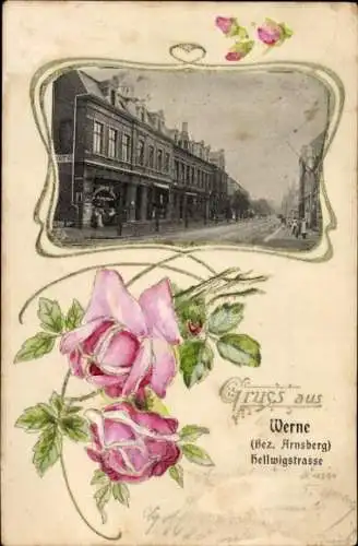 Jugendstil Präge Passepartout Ak Werne an der Lippe Westfalen, Hellwigstraße, Rose