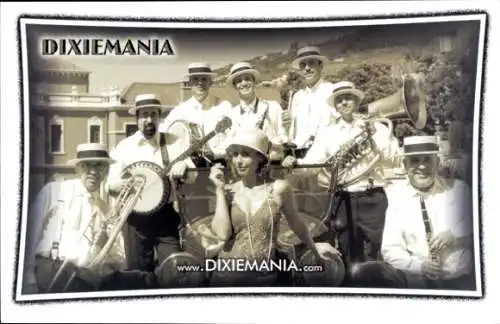 Ak Musikgruppe Dixiemania, Gruppenbild, Posaune, Banjo, Tuba, Autogramme