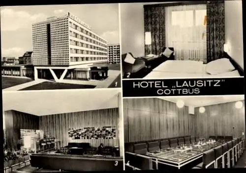 Ak Cottbus, Hotel Lausitz, Innenansicht, Hallenbar, Konferenzraum, Hotelzimmer