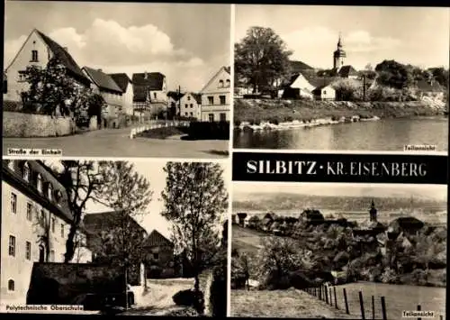 Ak Silbitz in Thüringen, Straße der Einheit, Teilansicht mit Kirche, Polytechnische Oberschule