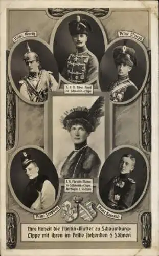 Ak Fürst Adolf zu Schaumburg Lippe, Prinz Moritz, Stephan, Heinrich, Wolrab, Fürstin-Mutter