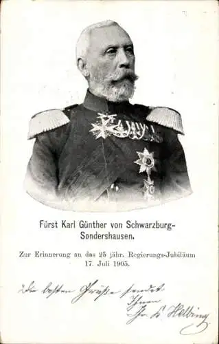 Ak Fürst Karl Günther von Schwarzburg Sondershausen, 25. Regierungsjubiläum 1905, Portrait