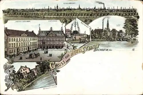 Litho Bocholt im Münsterland Westfalen, Hotel Steiner, Totale, Rathaus, Bootshaus