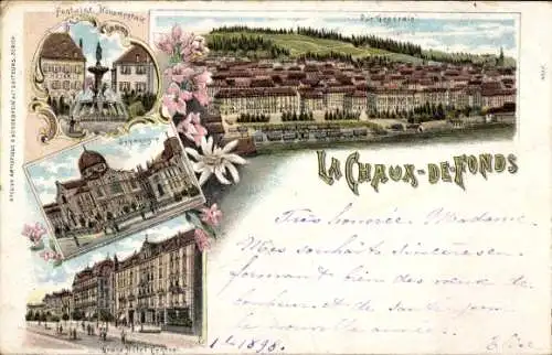 Litho La Chaux de Fonds Kanton Neuenburg, Grand Hotel Central, Synagoge, Monumentalbrunnen