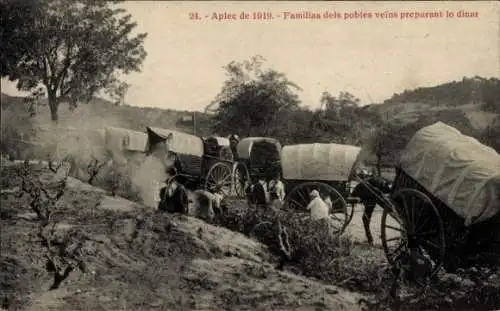 Ak Katalonien, Zigeuner, Planwagen, Treffen von 1919, Familien aus benachbarten Dörfern, Mittagessen