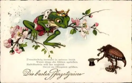 Ak Pfingstgrüße, Froschkönig und Maikäfer