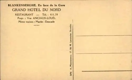 Ak Blankenberghe Blankenberge Westflandern, Grand Hotel du Nord, Restaurant