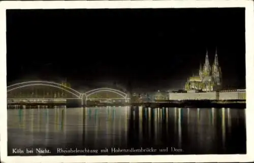 Ak Köln am Rhein, Rheinbeleuchtung, Hohenzollernbrücke, Dom, Nachtansicht