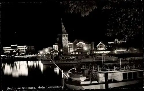 Ak Lindau am Bodensee Schwaben, Hafen, Hafenbeleuchtung, Turm, Schiff, Anleger