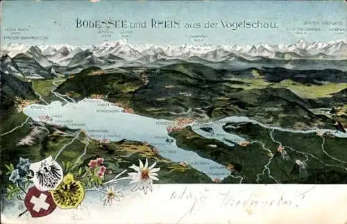 Ak Lindau am Bodensee Schwaben, Bodensee und Rhein aus der Vogelschau, Wappen