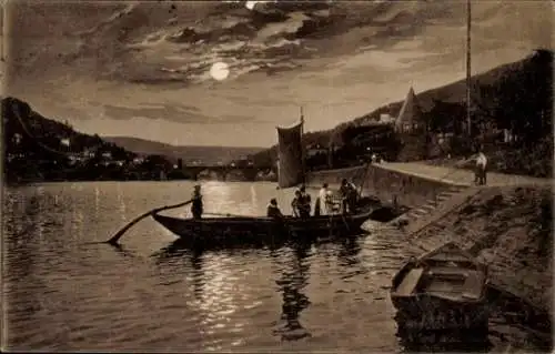 Ak Heidelberg am Neckar, Teilansicht, Neckarfähre, Personen, Nacht, Vollmond