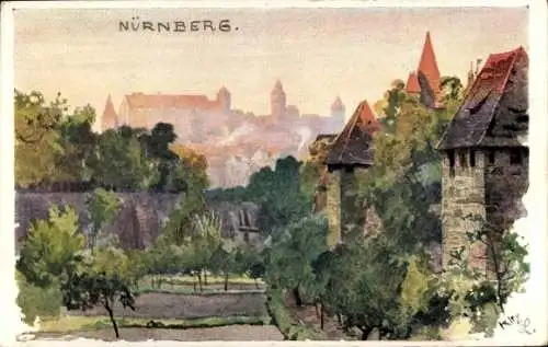 Künstler Ak Kley, Heinrich, Nürnberg in Mittelfranken, Blick vom Spittlertorgraben auf die Stadt