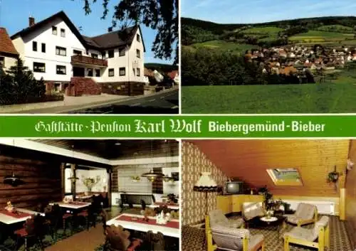 Ak Bieber Biebergemünd in Hessen, Totalansicht, Gaststätte Pension Karl Wolf