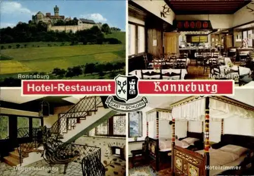 Ak Ronneburg in Hessen, Burg, Hotel-Restaurant, Hotelzimmer, Restaurant, Wappen, Treppenaufgang