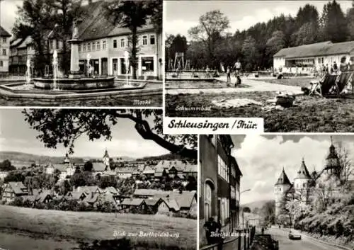 Ak Schleusingen in Thüringen, Markt, Schwimmbad, Bertholdsburg,