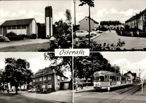 Ak Osterath Meerbusch am Niederrhein, Teilansichten, Kirche, Straßenbahn