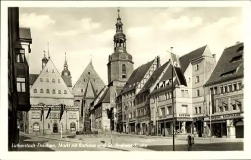 Ak Lutherstadt Eisleben, Markt, Rathaus, St. Andreas-Kirche, Konsum-Kaufhaus