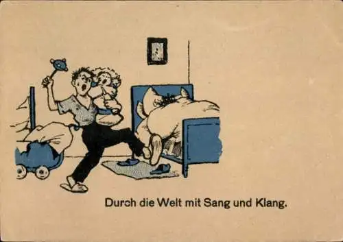Ak Durch die Welt mit Sang und Klang, Vater mit Säugling, Saalpost, Amor, Briefkasten