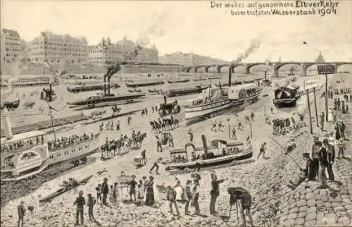 Ak Dresden, Elbverkehr beim tiefsten Wasserstand 1904, Elb Klondyke, Dürre