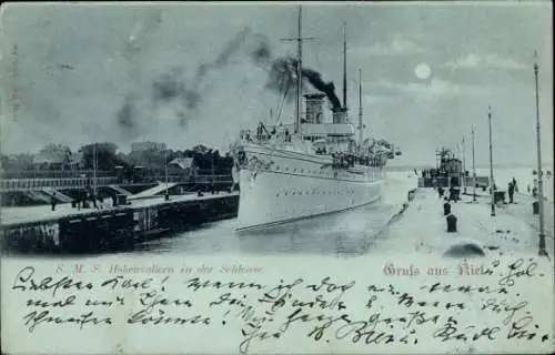 Mondschein Ak Kiel, S. M. S. Hohenzollern in der Schleuse bei Nacht