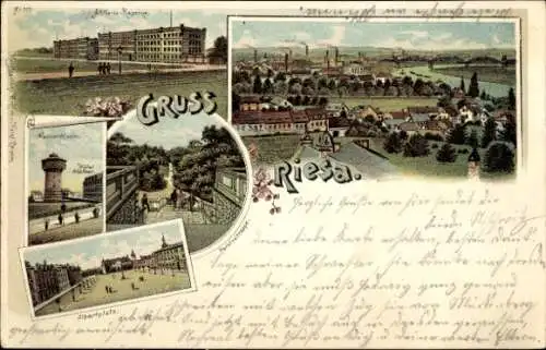 Litho Riesa an der Elbe Sachsen, Artillerie Kaserne, Parkfreitreppe, Albertplatz